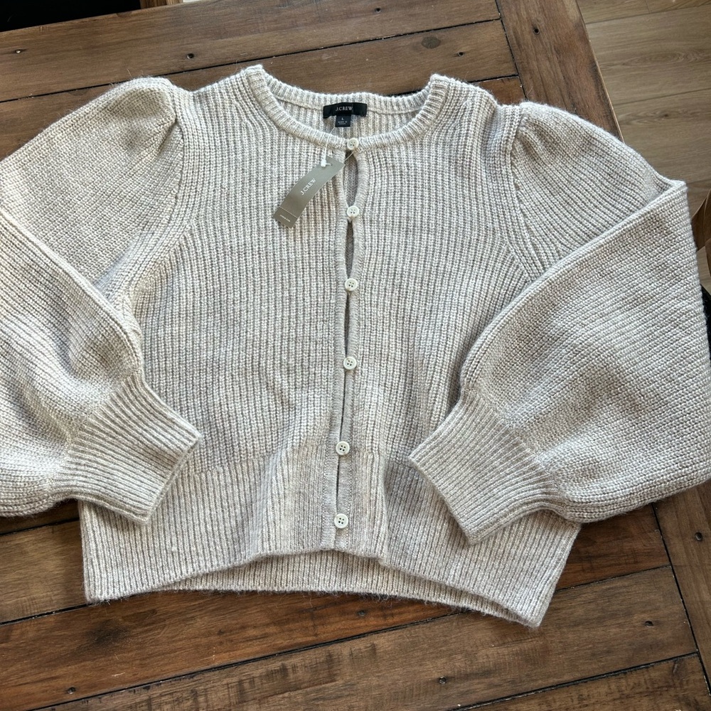 NWT J. Crew Puff Sleeve Alpaca Blend Tan Cardigan Sweater L - Picture 3 of 9